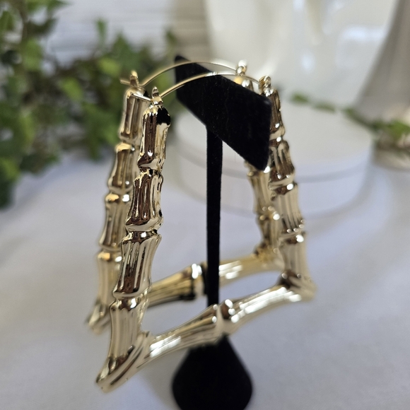Gold Filled Large Statement Doorknocker Bamboo Hoop Earrings - Picture 7 of 9